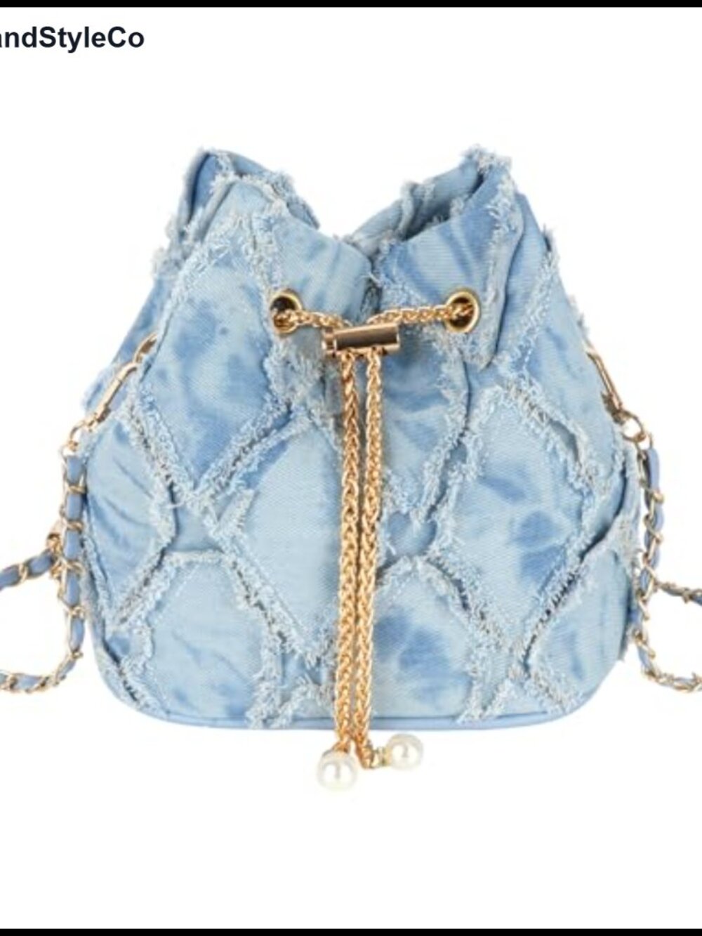 Quilted Distressed Denim Crossbody Bag Chain Strap Barrel Shape